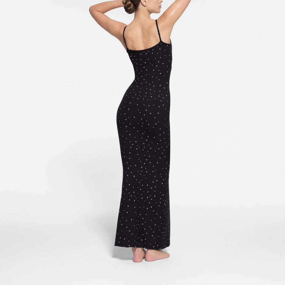 SKIMS SOFT LOUNGE LONG SLIP DRESS ONYX SPARKLE PRINT /