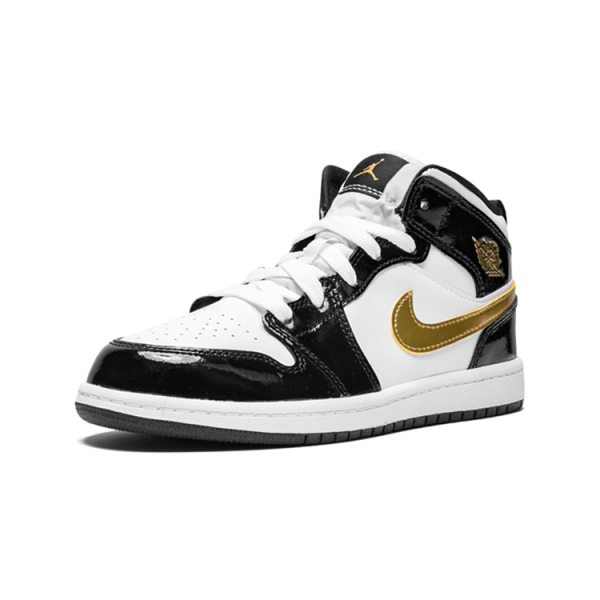 Air Jordan 1 Mid Patent Black White Gold