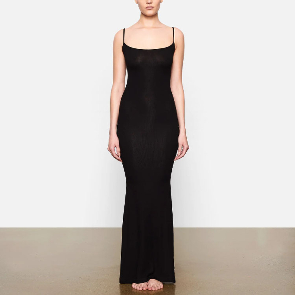 SKIMS SOFT LOUNGE LONG SLIP DRESS ONYX/