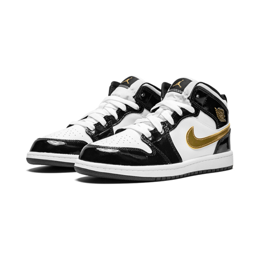 Air Jordan 1 Mid Patent Black White Gold